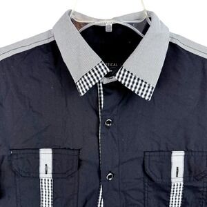 VERTICAL SPORT Mens Black Short Sleeve Button Up‎ Shirt Size L Gingham Trim